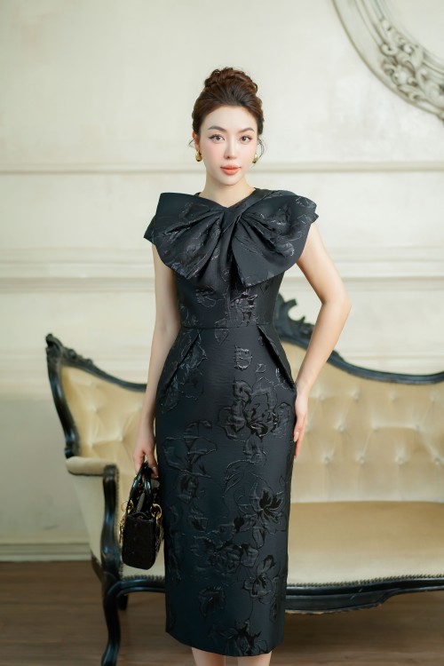 Sixdo Black Bowtie Midi Brocade Dress